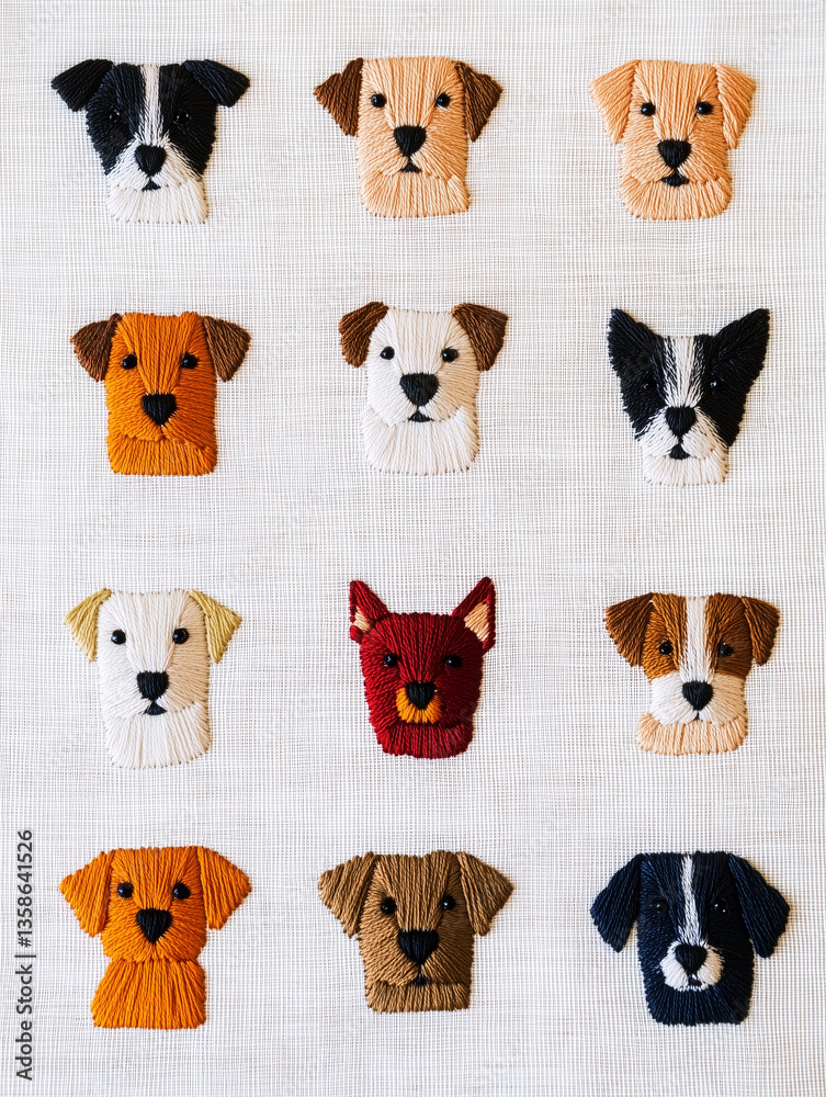 Obraz premium Hand-embroidered dog faces in various colors and breeds arranged in grid on fabric