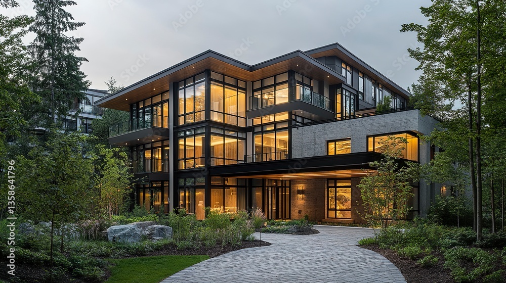 A modern multistory residence with floor-to-ceiling windows, a textured cobblestone path leading to the entrance, and tall trees framing the house, all under a gray sky. A modern multistory residence with floor-to-ceiling windows, a textured cobblestone path leading to the entrance, and tall trees framing the house, all under a gray sky.