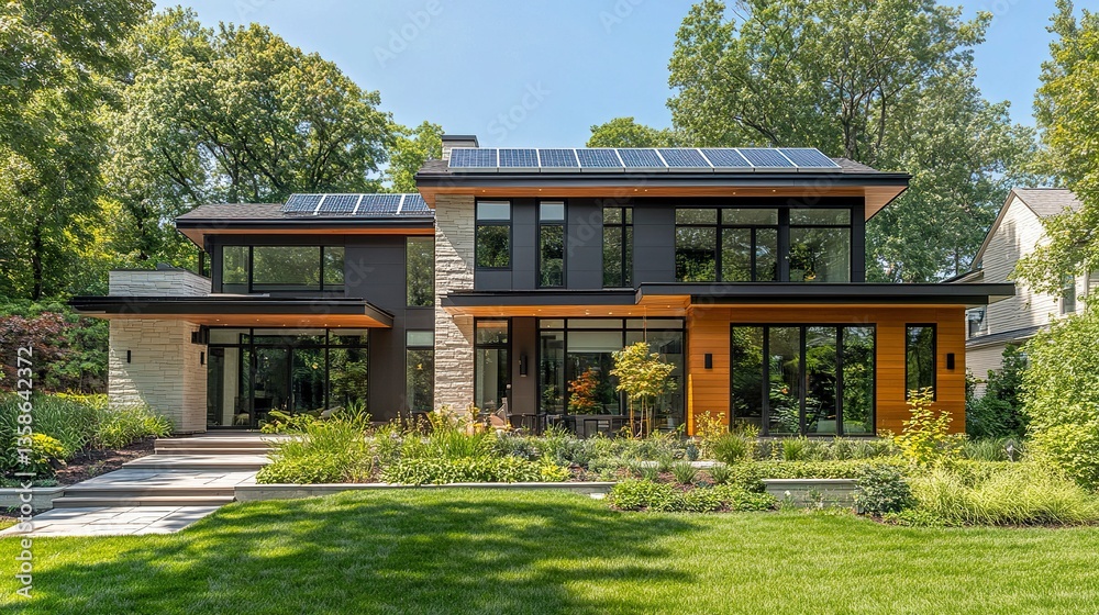 Naklejka premium A modern suburban home with a gable roof adorned with solar panels, surrounded by a lush yard, emphasizing sustainability and aesthetic appeal.