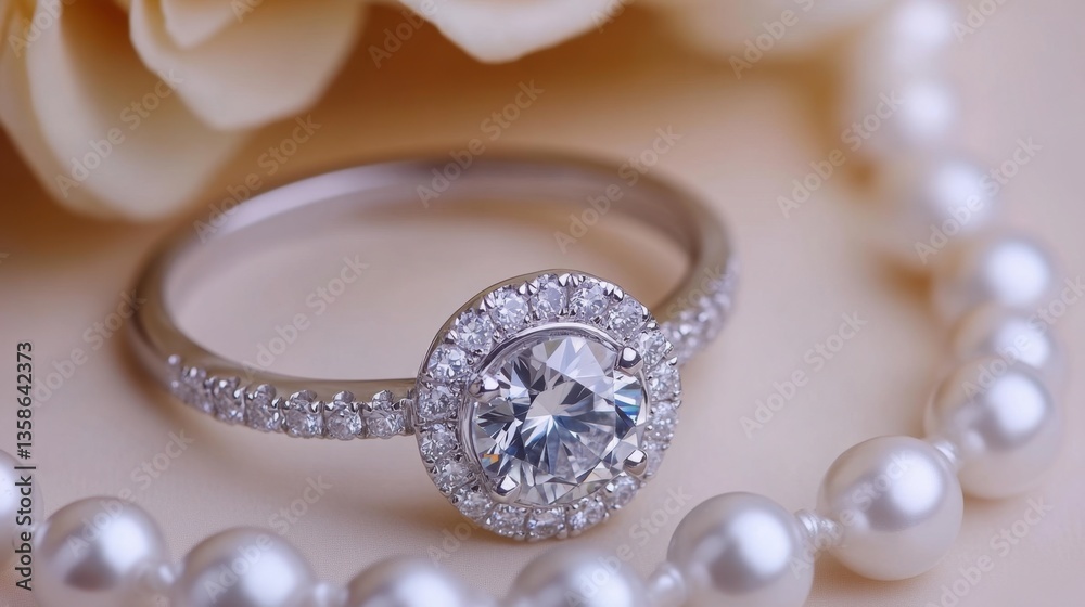A delicate halo diamond ring in a platinum setting, positioned on a smooth ivory backdrop. A delicate halo diamond ring in a platinum setting, positioned on a smooth ivory backdrop.