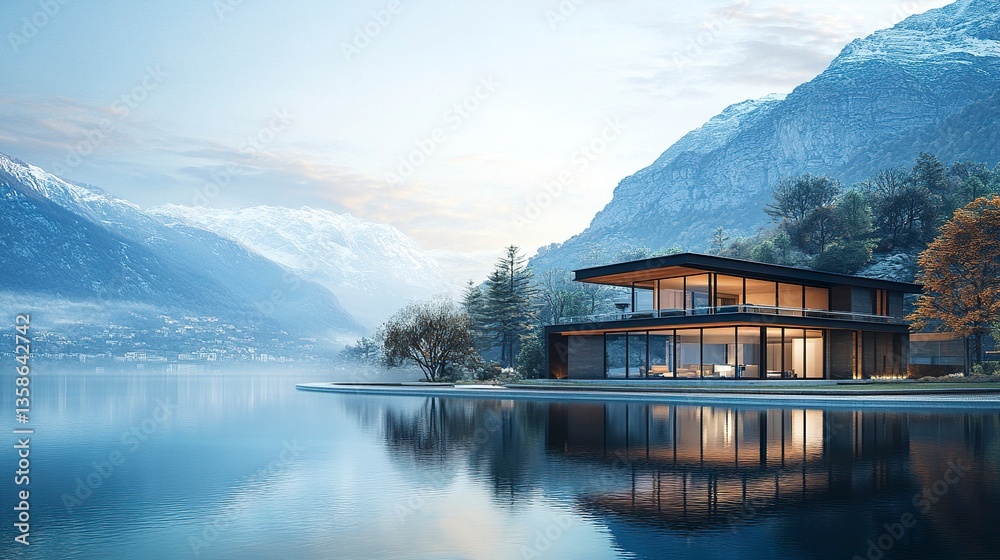 Fototapeta premium A modern villa located on the edge of a sparkling lake, its clean architecture harmonizing with the tranquil beauty of the natural surroundings. 