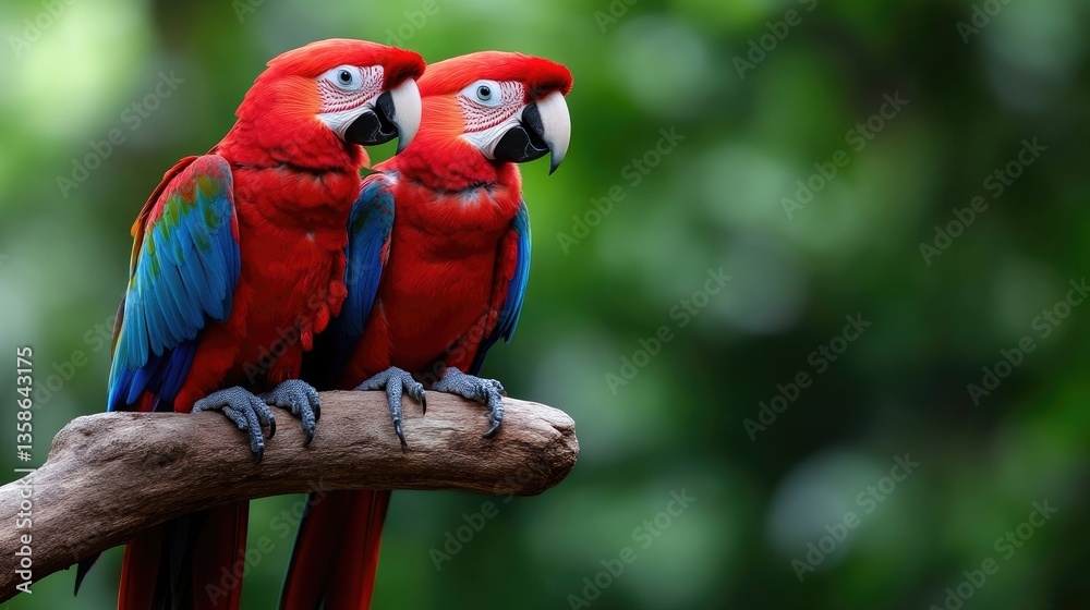 Obraz premium Two Scarlet Macaws perched on a branch in a lush green forest