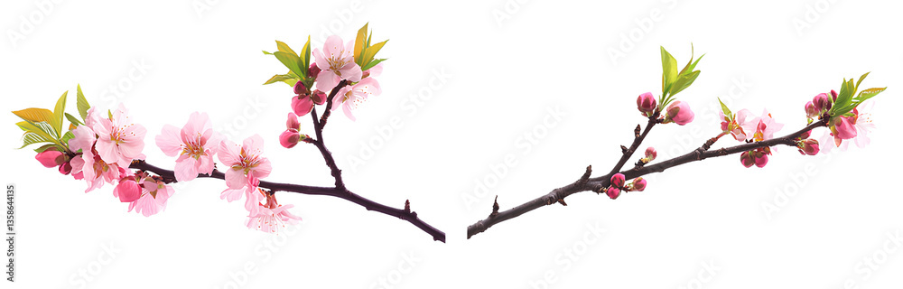 Naklejka premium Two images side by side, pink peach blossom branches with flowers on the left and right sides, isolated on a transparent background png