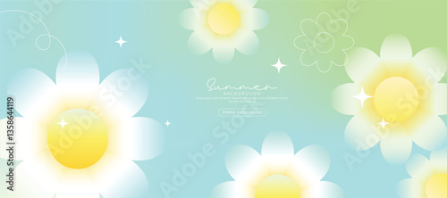 Spring and Summer season gradient botanical art background vector. Natural design with cute flowers, leaves, branches. Illustration design for fabric, print, cover, banner, wallpaper.
