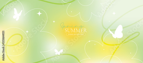 Spring and Summer season gradient botanical art background vector. Natural design with cute flowers, leaves, branches. Illustration design for fabric, print, cover, banner, wallpaper.