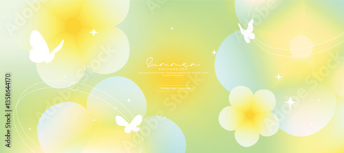 Spring and Summer season gradient botanical art background vector. Natural design with cute flowers, leaves, branches. Illustration design for fabric, print, cover, banner, wallpaper.