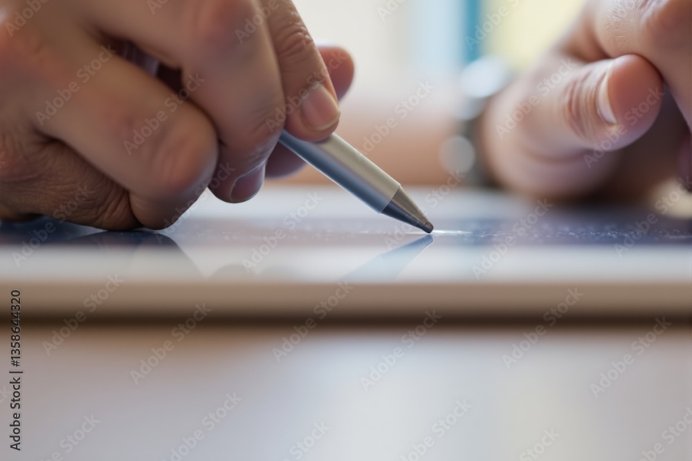Close-Up of a Human Hand Holding a Stylus Pen as It Interacts with a Digital Tablet on a Wooden Surface, Ideal for Illustrating Technology and Creativity Close-Up of a Human Hand Holding a Stylus Pen as It Interacts with a Digital Tablet on a Wooden Surface, Ideal for Illustrating Technology and Creativity