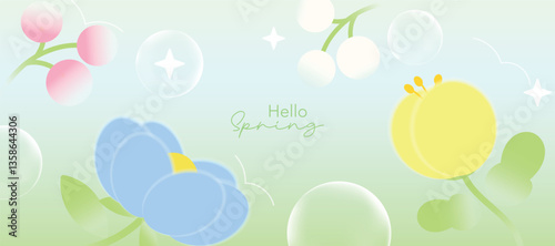 Spring and Summer season gradient botanical art background vector. Natural design with cute flowers, leaves, branches. Illustration design for fabric, print, cover, banner, wallpaper.