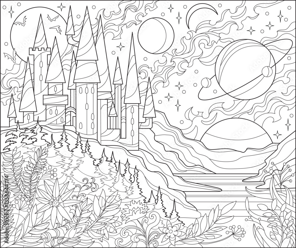 Obraz premium Coloring page with fantasy vector illustration of fairy dream magic castle. Fairytale house with gothic towers and beautiful flowers against ethereal clouds, lake and moon. Concept art.