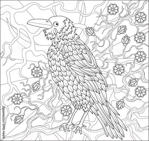 Vector Coloring page with fantasy illustration of gothic crow or raven against background with flowers and moon. Hand drawn artwork, mystic and fairy tale magic concept