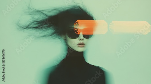 Model with flowing hair and sunglasses poses against a soft green background during a fashion shoot in a studio setting