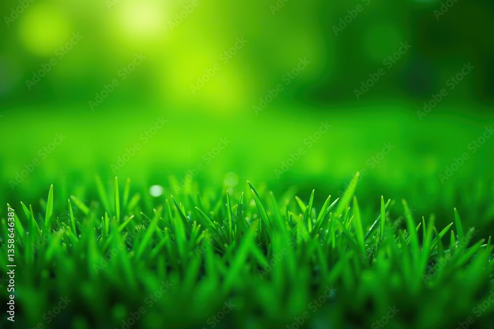 Fototapeta premium Lush green grass background with dew drops, field, tranquil