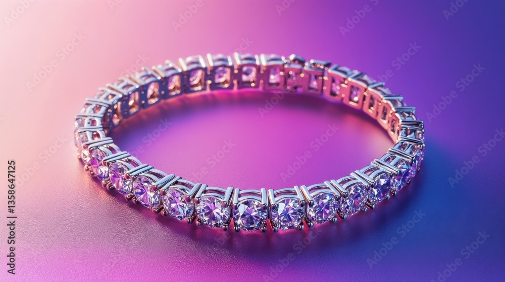 A luxury diamond bracelet resting on a gradient purple and pink background. A luxury diamond bracelet resting on a gradient purple and pink background.