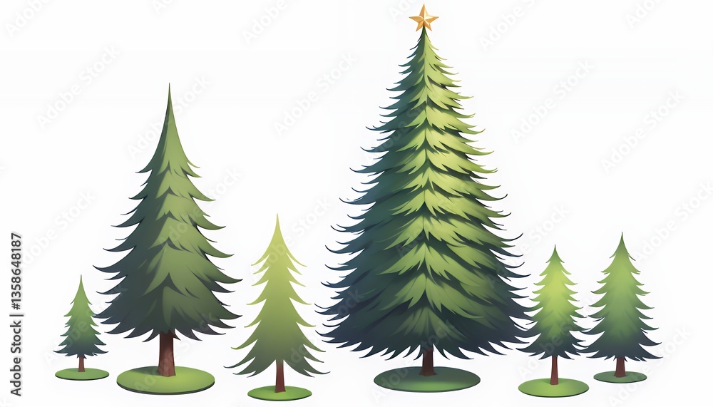 Obraz premium Painterly Cartoon Christmas Trees Collection on White Background