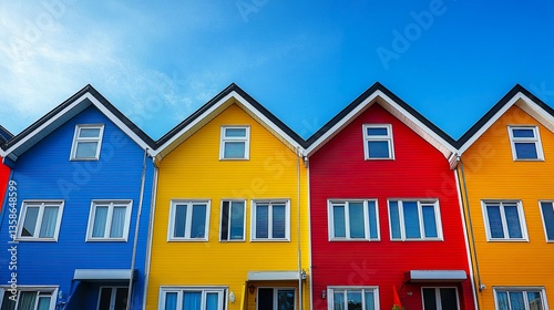 A row of vibrantly colored houses featuring bold red, yellow, blue, and orange exteriors, glowing brightly under a clear blue sky, showcasing a cheerful and lively neighborhood.  