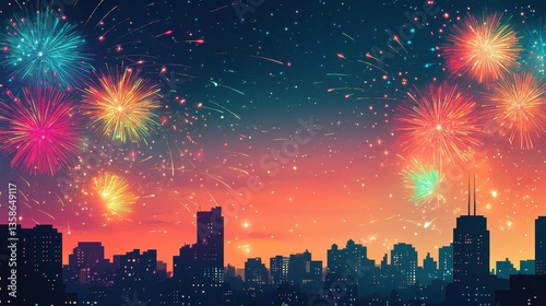 Festive Fireworks Cityscape at Night