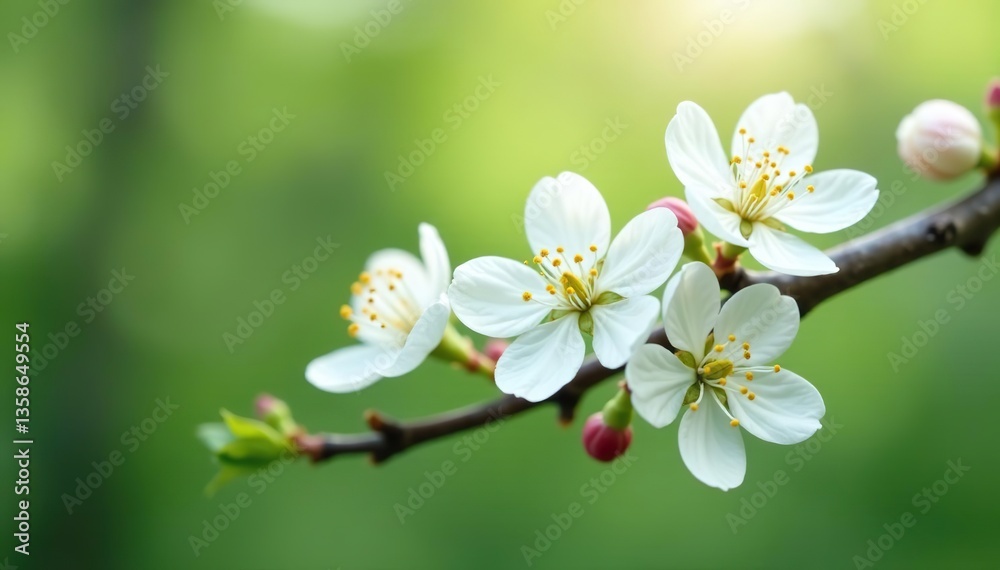 Lush spring branch with white blooming fruit tree flowers creating copy space, seasonal, branch Lush spring branch with white blooming fruit tree flowers creating copy space, seasonal, branch