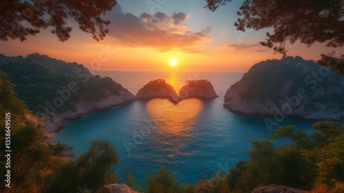 Fototapeta Naklejka Na Ścianę i Meble -  Heart-shaped cove at sunset, coastal view