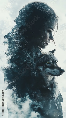 A serene woman and wolf in a dreamlike scene.