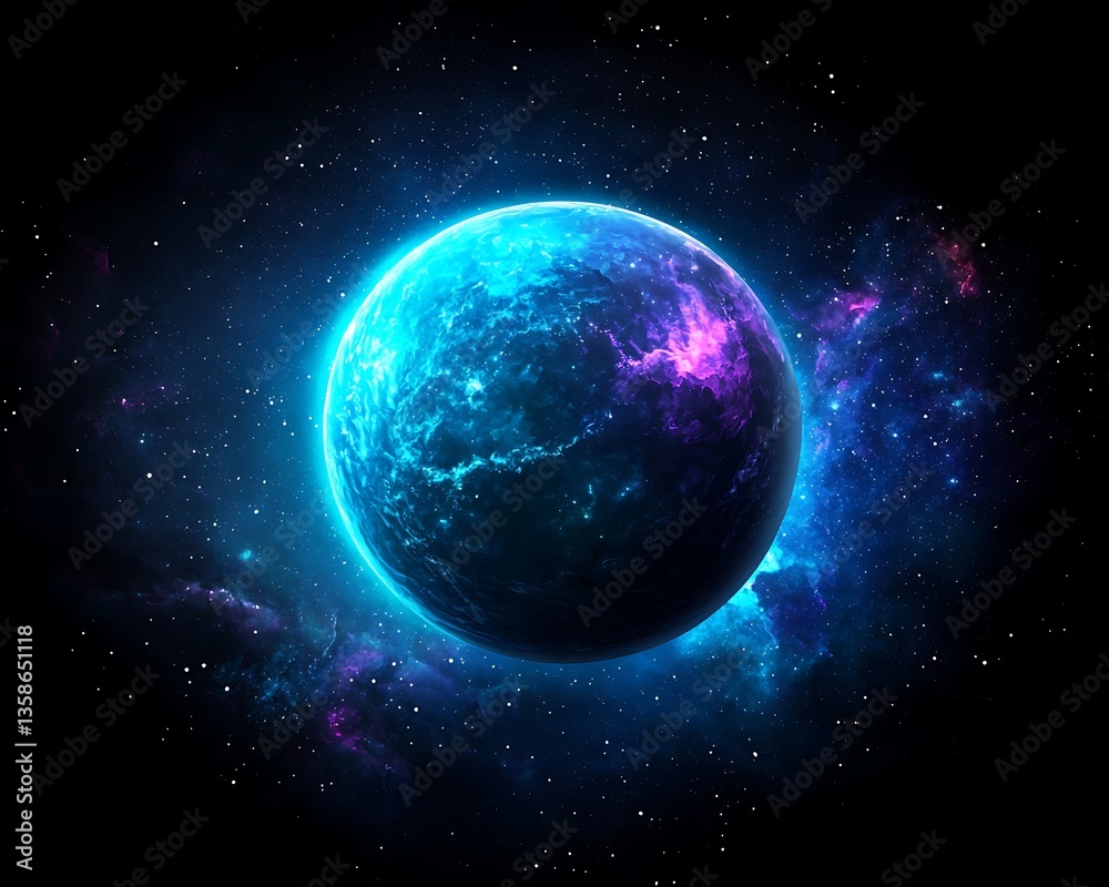 Obraz premium Glowing Blue Alien Planet with Space.