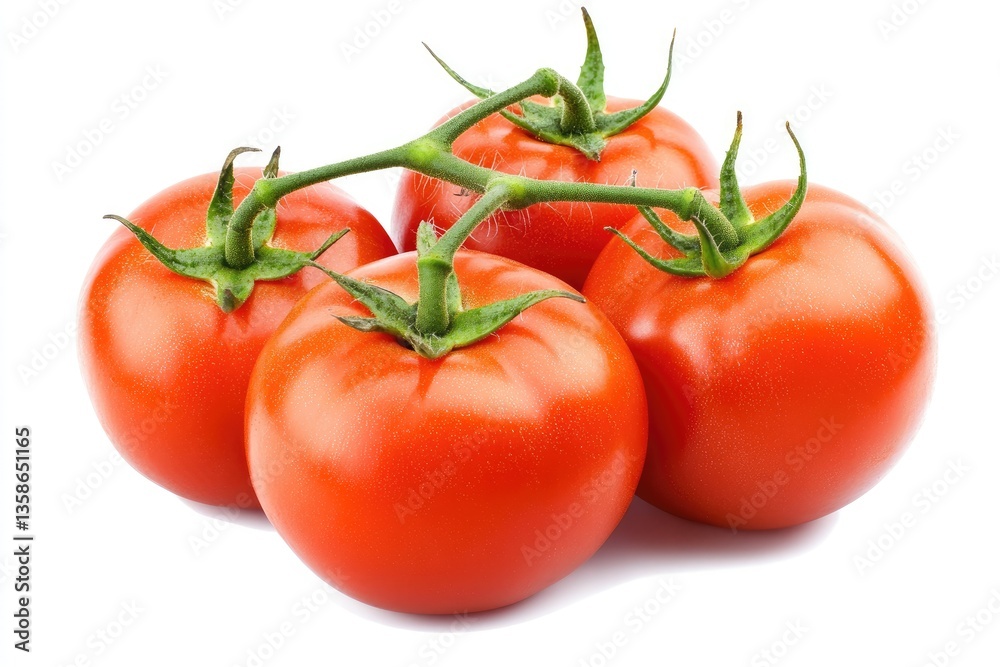 Fresh, ripe tomatoes clustered on stems. Four plump, red tomatoes with green stems are shown against a white background. A close-up shot highlights the rich color and texture of the fruit Fresh, ripe tomatoes clustered on stems. Four plump, red tomatoes with green stems are shown against a white background. A close-up shot highlights the rich color and texture of the fruit