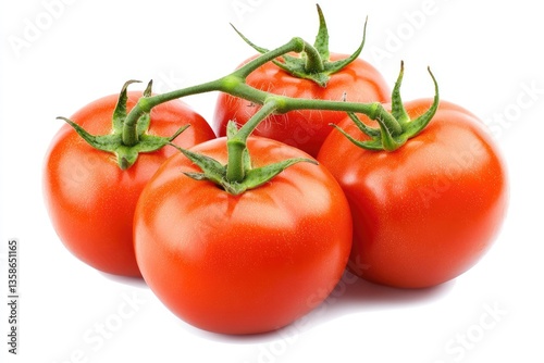 Fresh, ripe tomatoes clustered on stems.  Four plump, red tomatoes with green stems are shown against a white background.  A close-up shot highlights the rich color and texture of the fruit