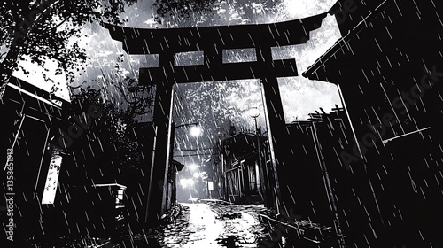 Wallpaper Mural Comic Style Torii Gate Monochrome Illustration with High Contrast and Pixelated Details Torontodigital.ca