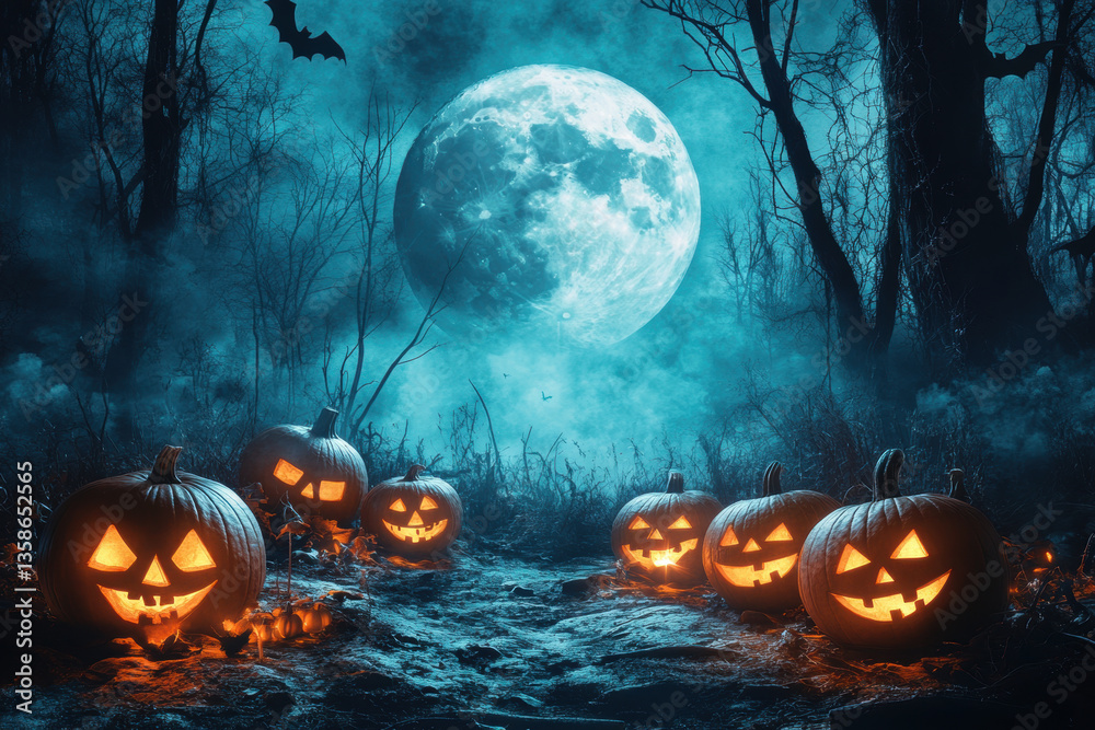 Fototapeta premium Halloween pumpkins in the woods under a full moon.