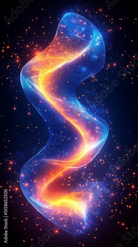 A glowing blue and orange abstract swirl floats in darkness