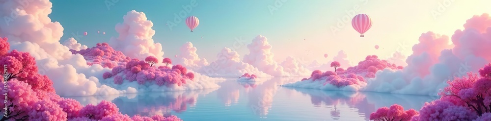 Fototapeta premium Pastel-hued surreal landscape with dreamy floating islands and whimsical creatures, floating, artwork