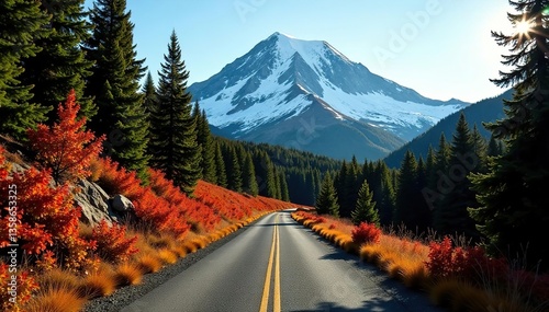 Paved path with fall foliage and Tatoosh mountain range at Mt Rainier National Park,  colorful,  travel