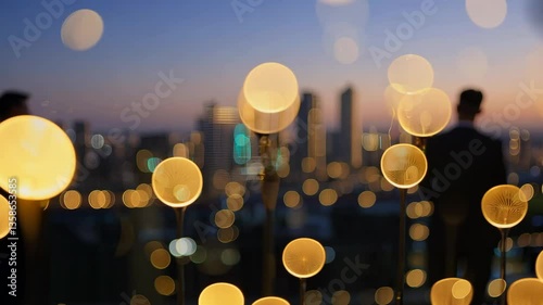 City skyline at night with blurred bokeh lights and a soft focus effect, creating a dreamy urban view