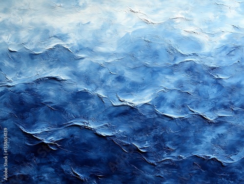 Abstract painting depicts layers of ocean waves in blue hues