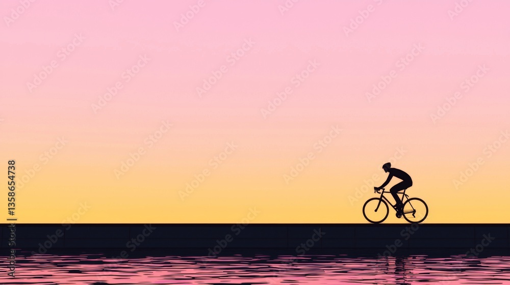 Fototapeta premium Silhouette of a Cyclist Riding Along a Serene Body of Water at Sunset with Pink and Orange Sky Reflections