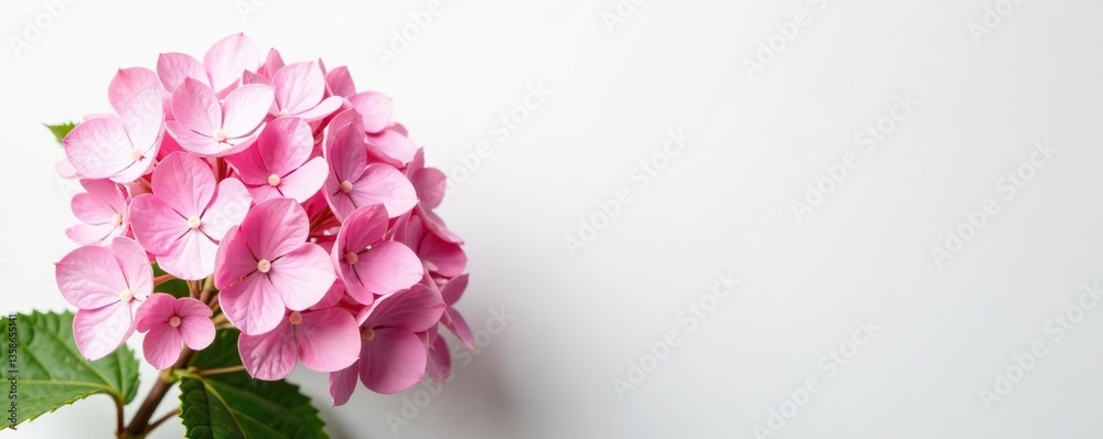 Obraz premium Pink hydrangea flowers in full bloom against a clean white background, romantic, vibrant