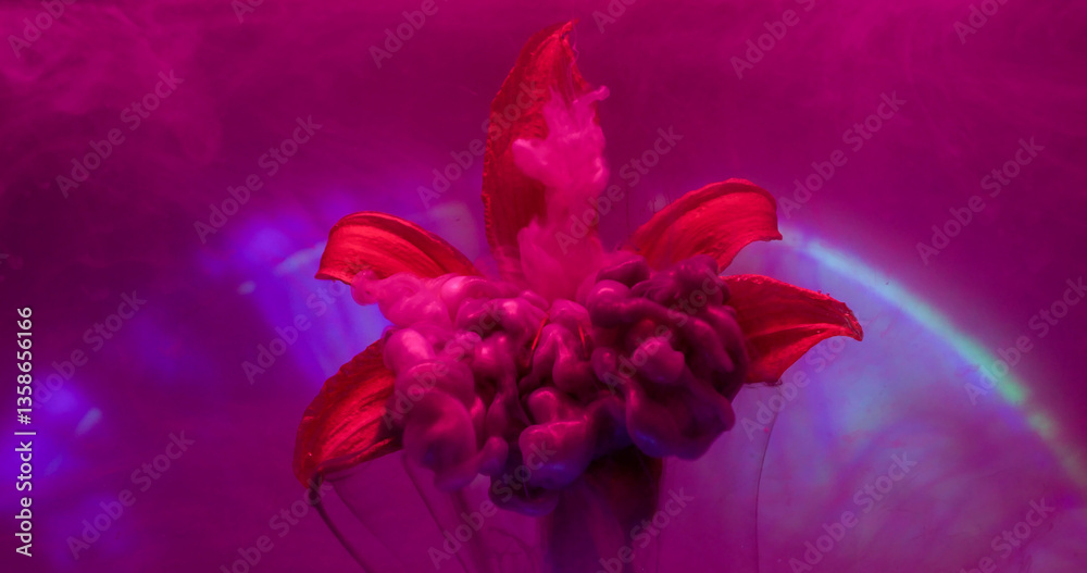 Fototapeta premium Ink vapor. Flower smoke. Pink flow fall on red lily natural petals. Haze color blend on blur purple gleam round neon arch background.