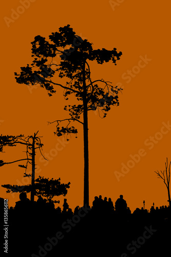 Silhouette photo style of  people or traveler wait and see sunrise at morning time at Phu Kradueng National Park, Thailand.
