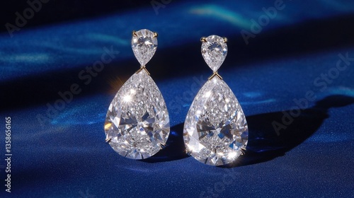 A set of pear-shaped diamond earrings reflecting brilliance on a rich sapphire blue background.