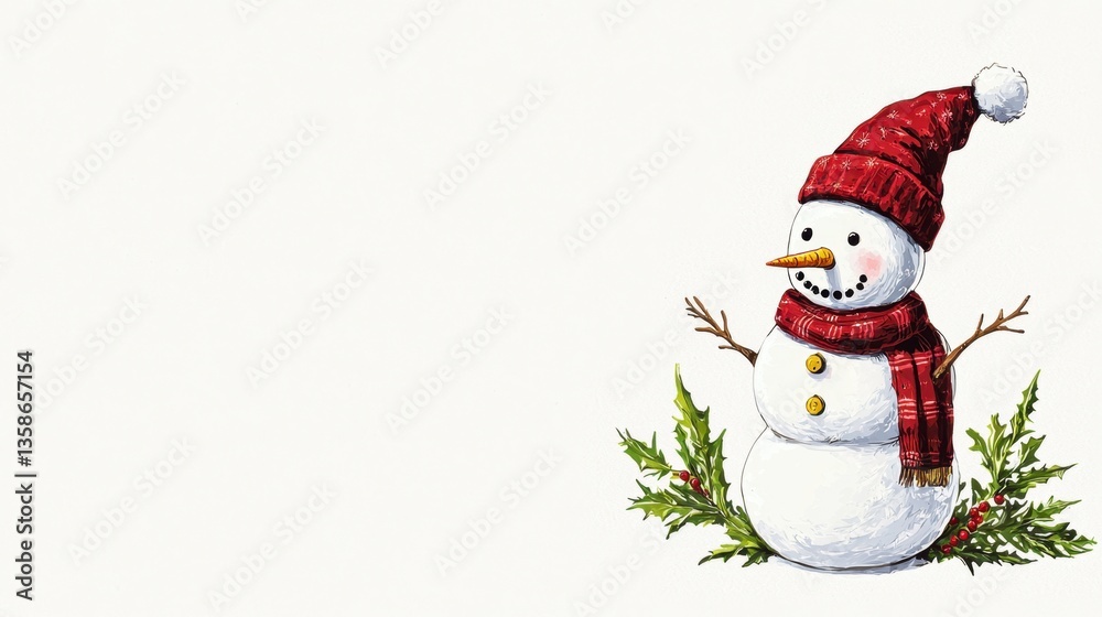 Charming Snowman with Red Hat and Scarf Surrounded by Holly Leaves Charming Snowman with Red Hat and Scarf Surrounded by Holly Leaves
