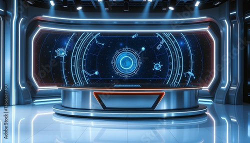 Futuristic News Studio Set Design: Modern Broadcast Desk with Immersive Holographic Display