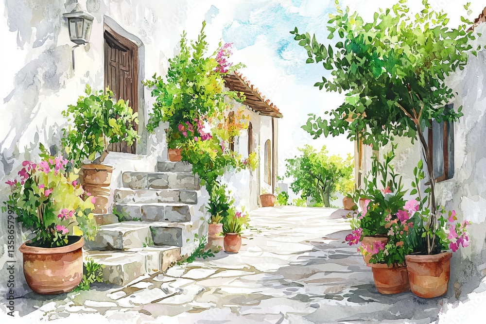 Fototapeta premium Watercolor painting of a peaceful village street with cobblestone paths and potted plants. A soft breeze stirs the leaves, on isolated white background