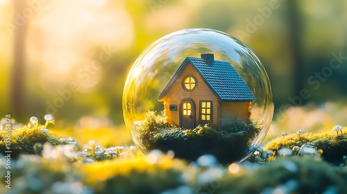A symbolic composition of a tiny house safely encased within a transparent sphere, surrounded by soft light, emphasizing home insurance and protection.  