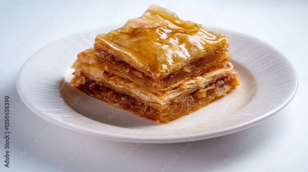 Delicious Layered Dessert with Golden Syrup and Flaky Pastry on White Plate Delicious Layered Dessert with Golden Syrup and Flaky Pastry on White Plate