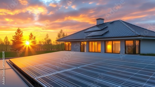 Wallpaper Mural Breathtaking sunset over a modern energy efficient home with solar panels in a picturesque rural landscape with lush trees fields and a tranquil atmosphere Torontodigital.ca