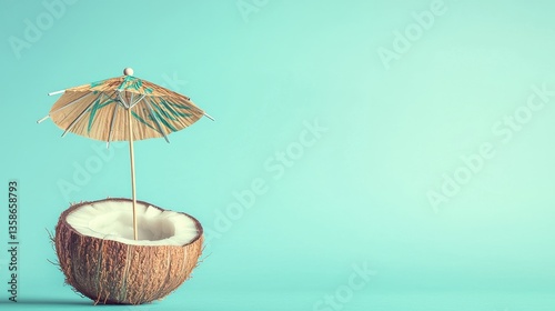 Wallpaper Mural Refreshing tropical coconut cocktail served in a carved out coconut shell with a vibrant umbrella accent set against a serene aqua blue background evoking a sense of paradise leisure and retreat Torontodigital.ca