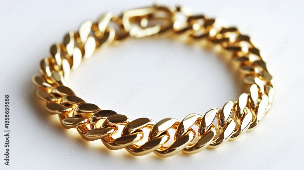 A stylish Cuban link bracelet in solid gold, artistically placed on a clean white backdrop. A stylish Cuban link bracelet in solid gold, artistically placed on a clean white backdrop.