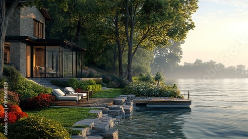 A tranquil lakefront house with a charming garden, a private dock, and breathtaking views of the clear, still water.  