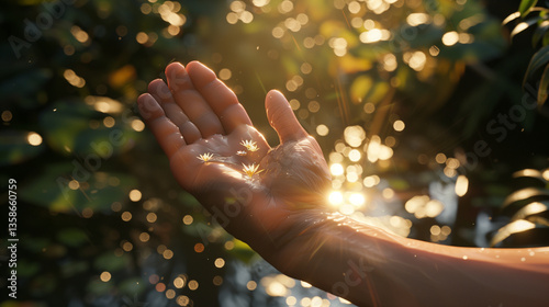 Hands cupped in soft sunlight, evoking serenity, hope, gratitude, and inner peace. AI generated 