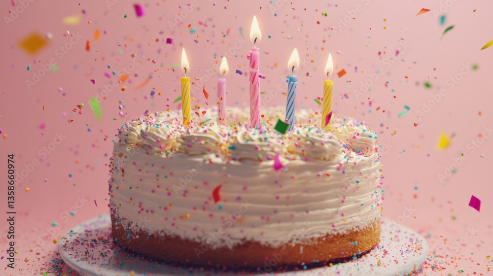 Birthday cake with candles and confetti Birthday cake with candles and confetti