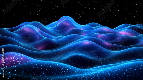 Abstract representation of glowing blue waves under a starry night